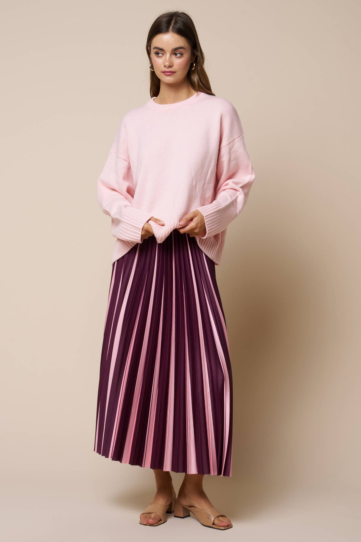 Skirts / Two Tone Pleated Maxi / Wine / Lt Pink