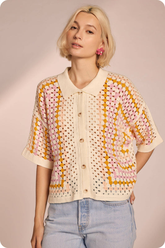 Collared Crochet Button Down / Cream Multi