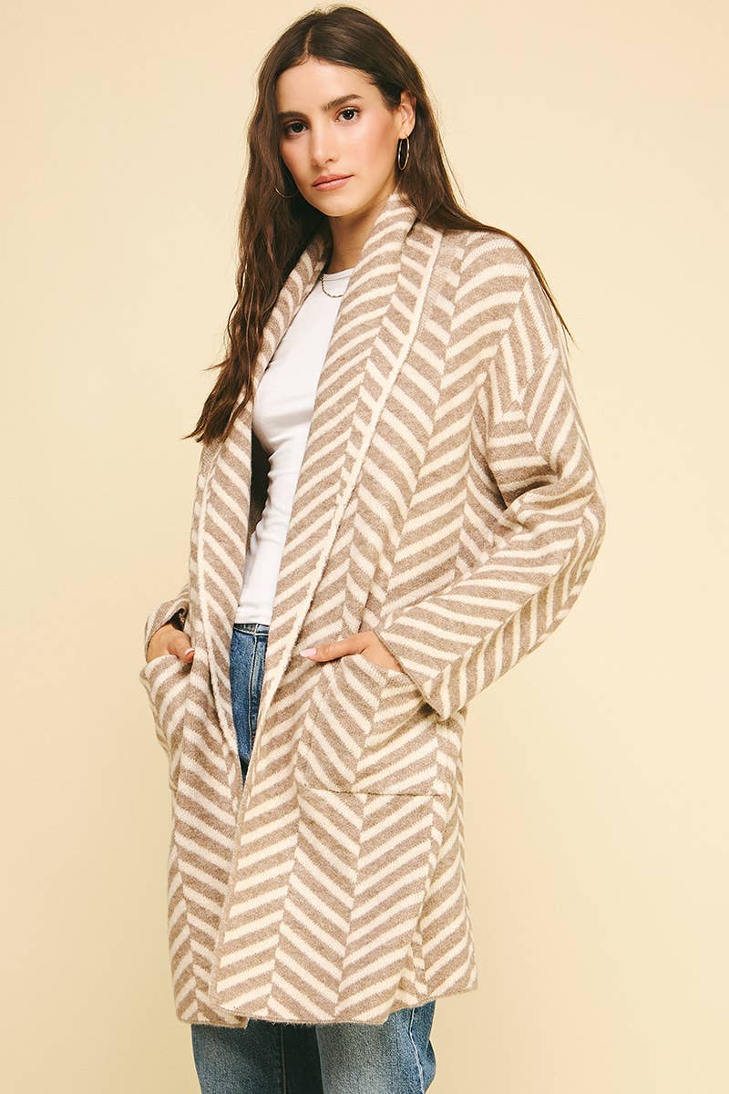 Shawl Collar Stripe Plush Cardigan / Taupe / Cream