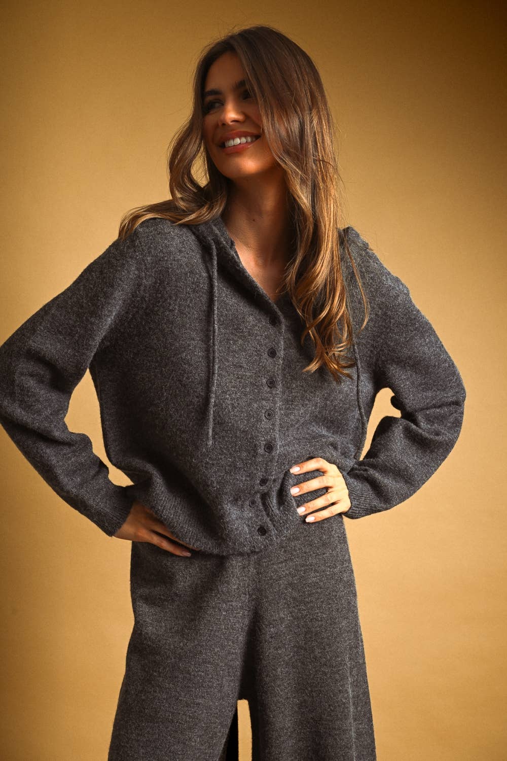 Tops / Knit Hooded Sweater Jacket / Charcoal