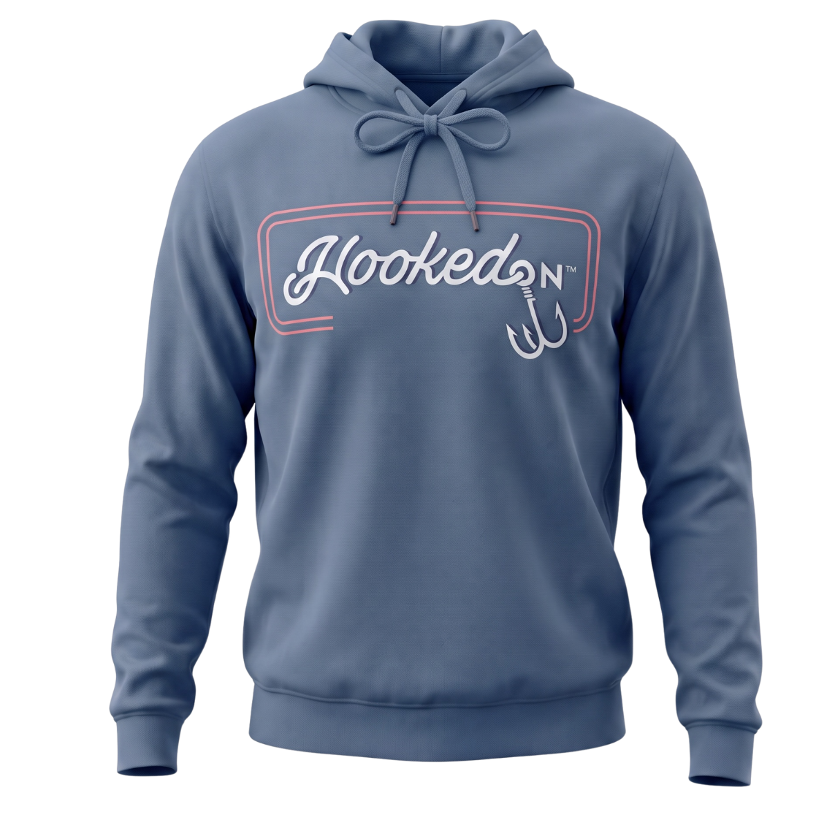 Hooked On Customizable Hoodie Ash Blue with Red / White Logo