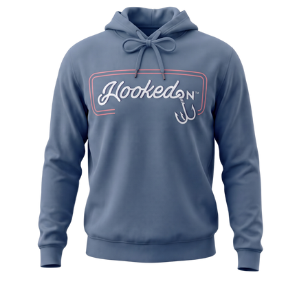 Hooked On Customizable Hoodie Ash Blue with Red / White Logo