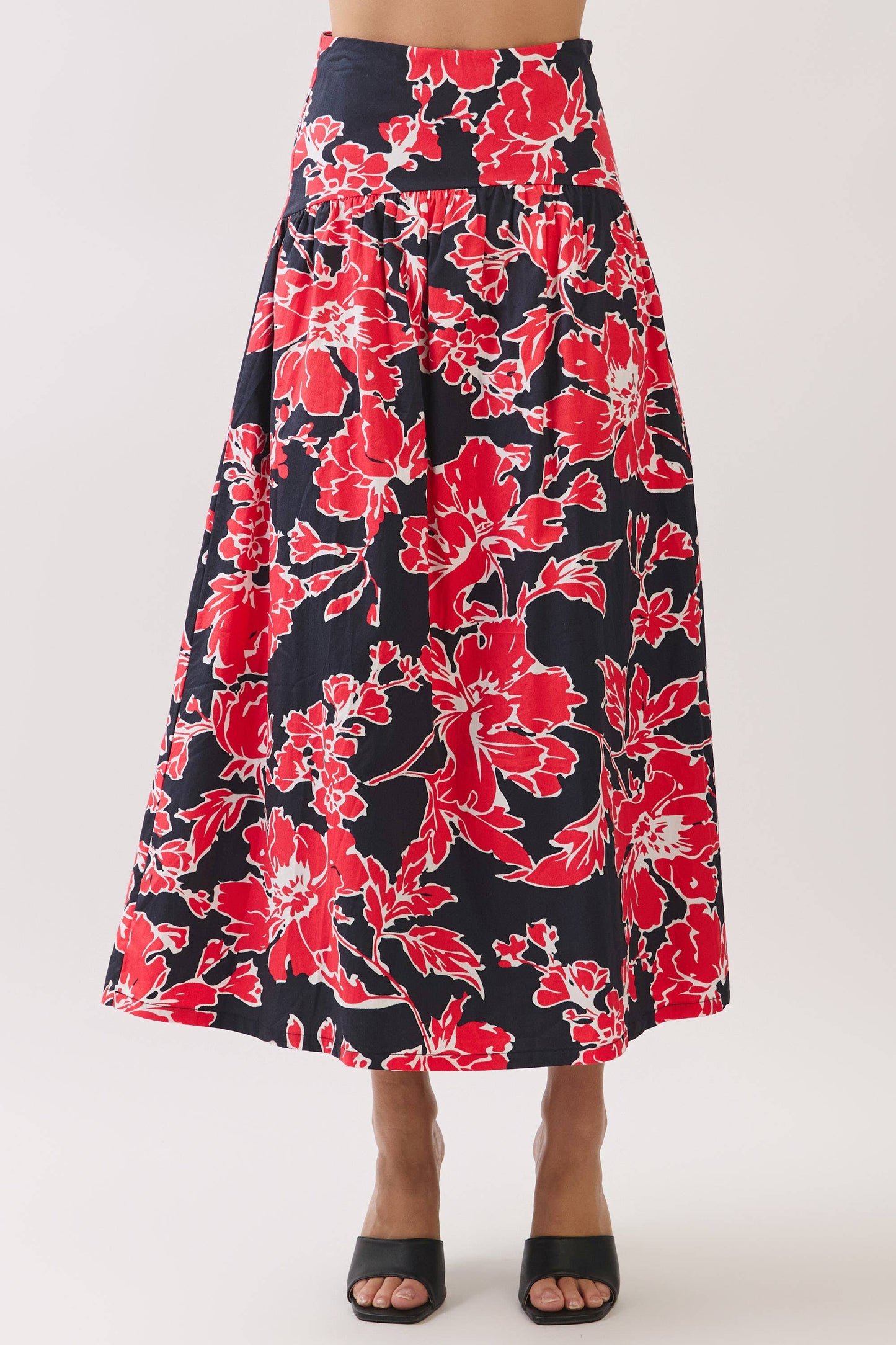 Skirts / Floral Print Drop-Waist Maxi / Red/Navy