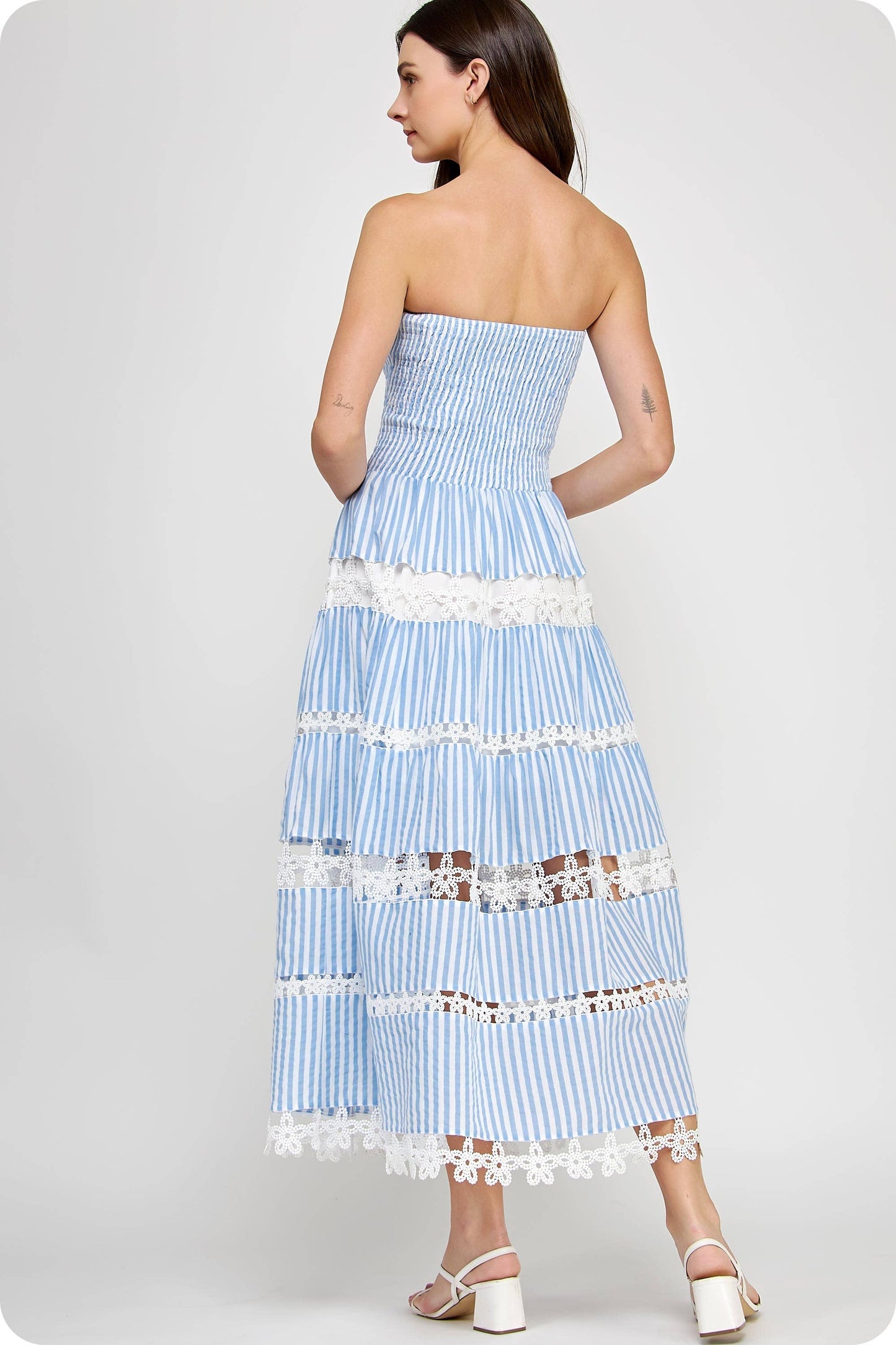 Dress / Lace Detail Tube Dress / Navy Stripe