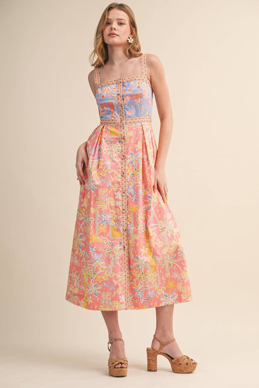 Dresses / Floral Tape Trim Button Down / Peach / Pink