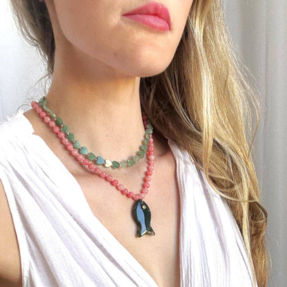 Necklace / Calla Pink Jade Bead / Green Fish
