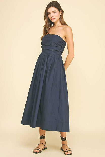 Shirred Bodice Strapless Midi  / Deep Navy