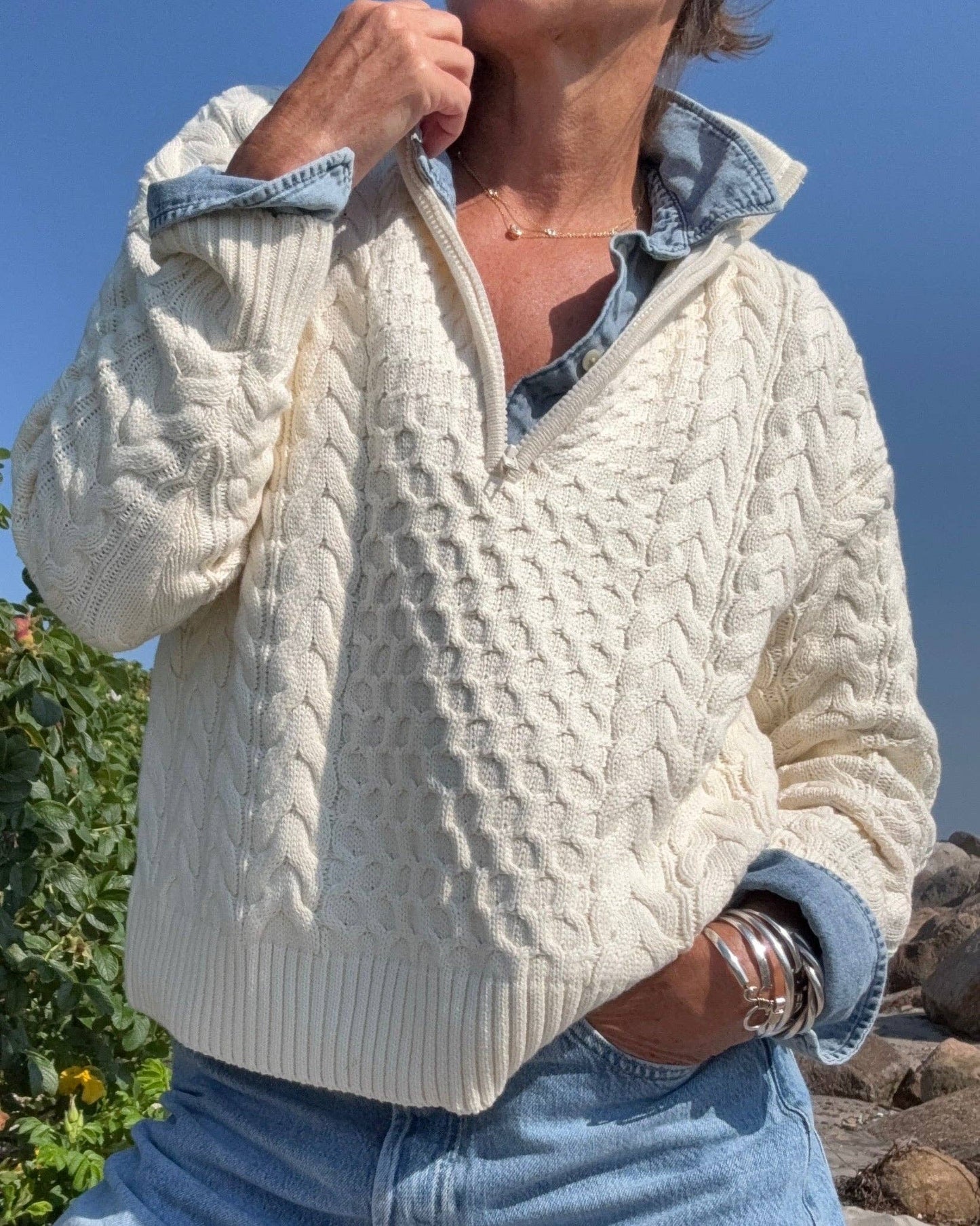 Sweaters / 1/2 Zip Cable Sweater / Ivory: