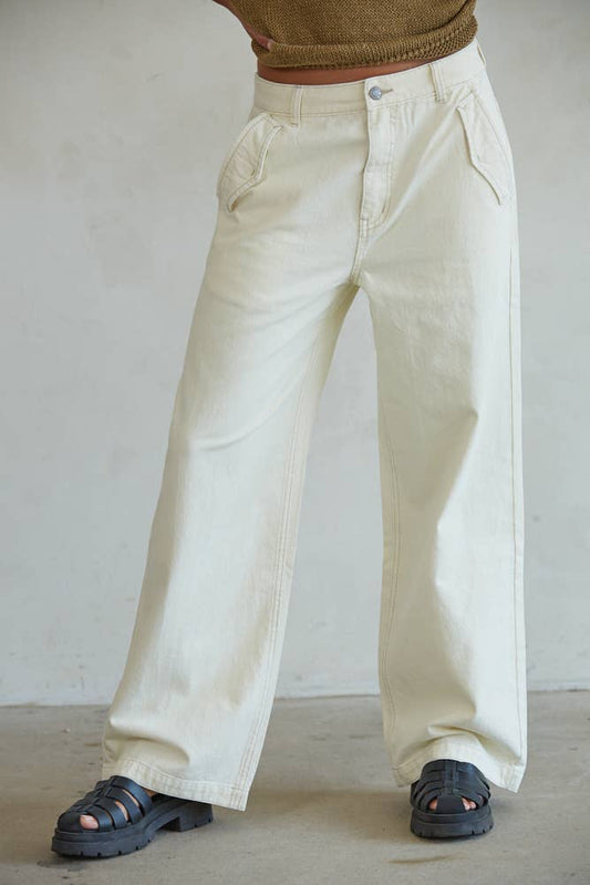 The Cotton Woven Denim Straight Leg Pants / Cream