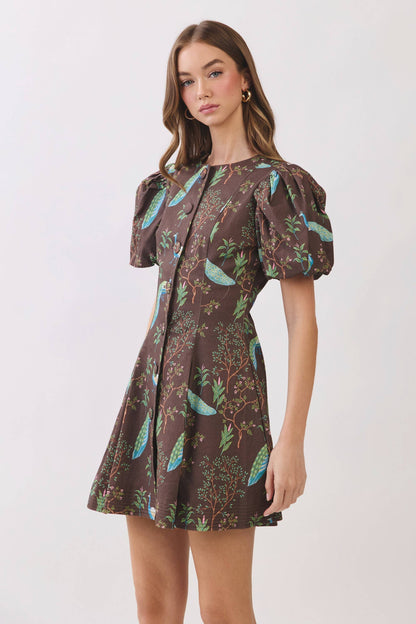 Dress / Peacock Print Puff Sleeve Button Down Mini / Chocolate
