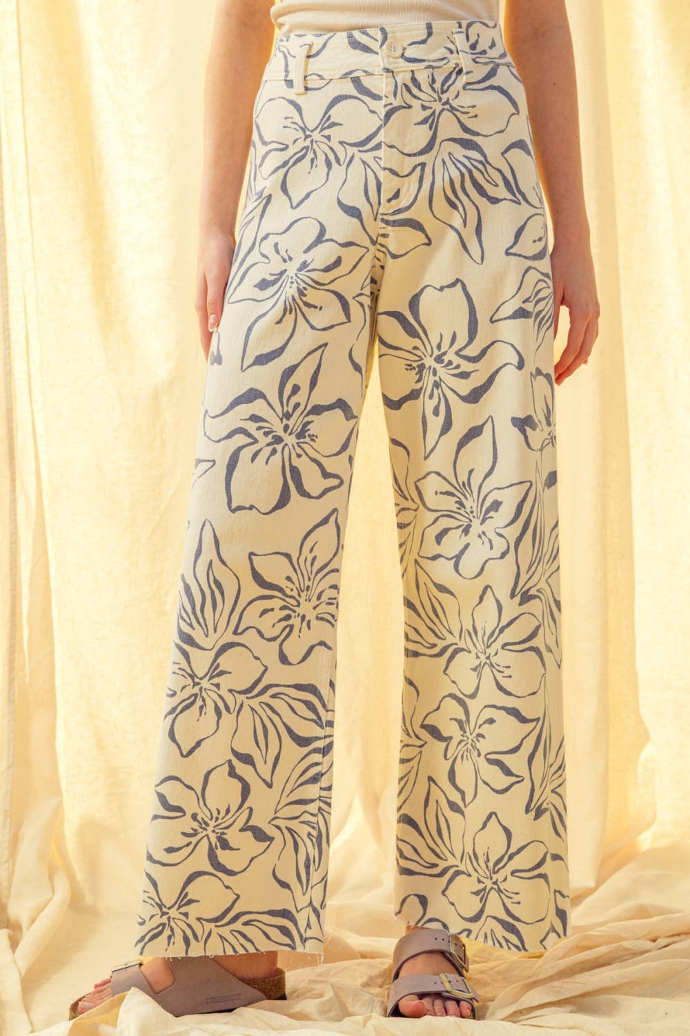 Pants / Floral Print Stretch Jeans / Denim Blue