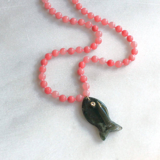 Necklace / Calla Pink Jade Bead / Green Fish