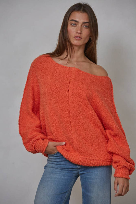 The Boat Neck Knit Pullover Sweater / Red Orange