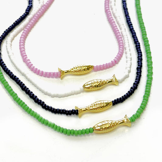 Lucky Fish Beaded Necklace / White