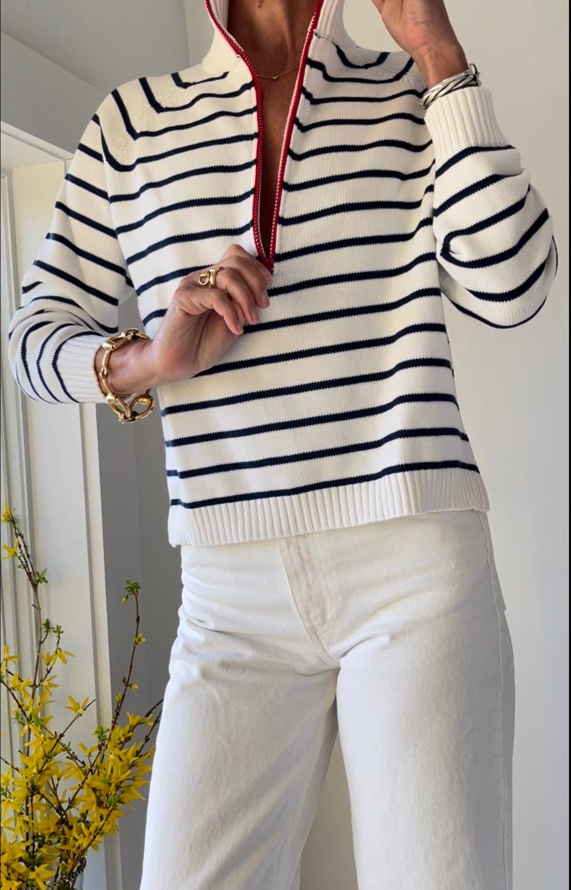 Sweaters / 1/2 Zip Striped Cotton Sweater / White/Navy 