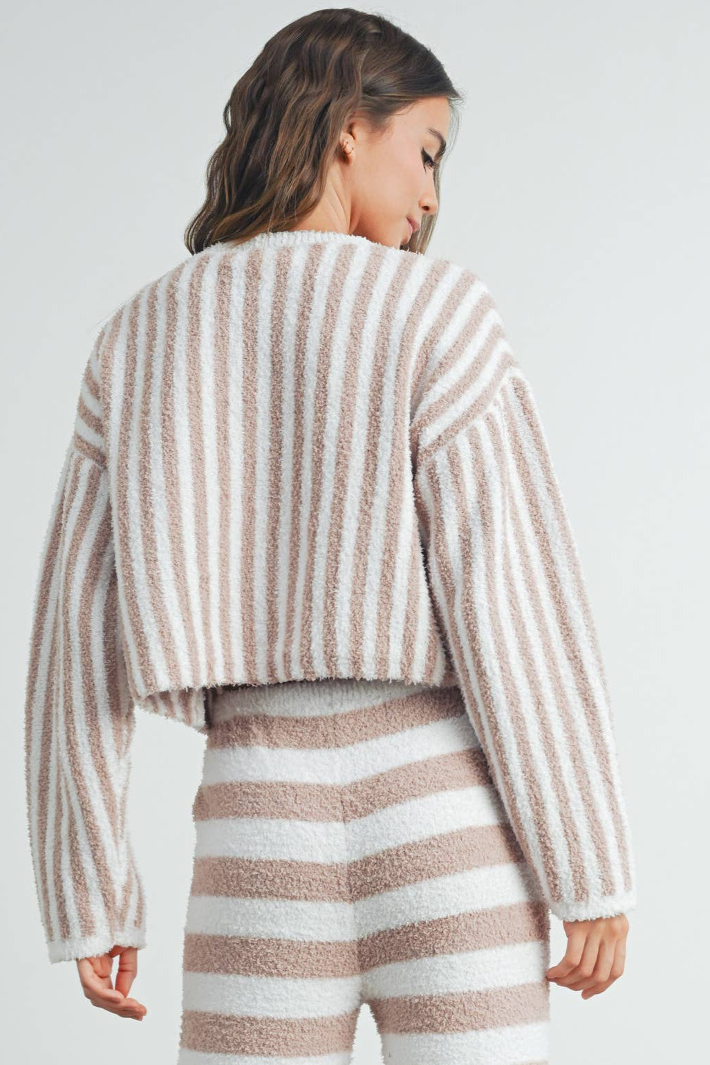 Striped Plush Round Neck Sweater / Ivory / Taupe
