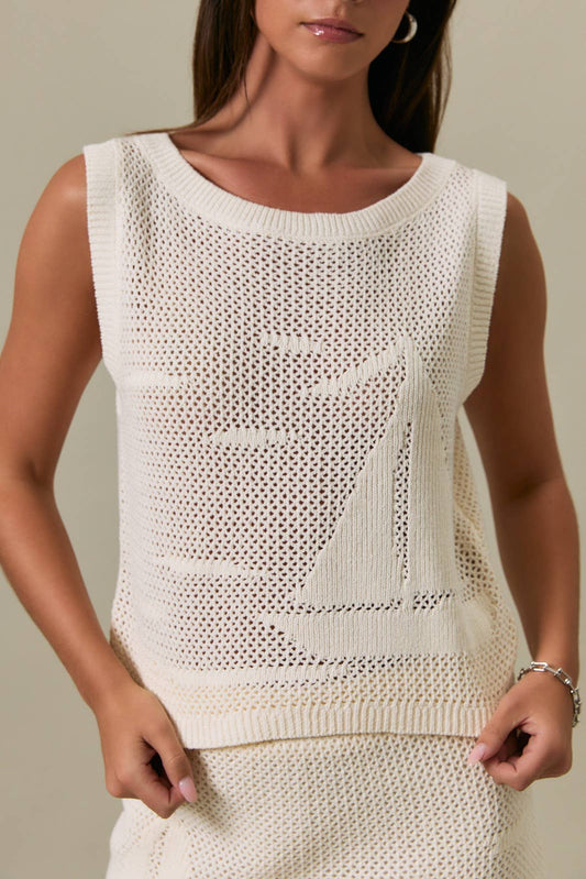 Tops / Boat Neck Sleeveless Sail Boat Sweater / Cream