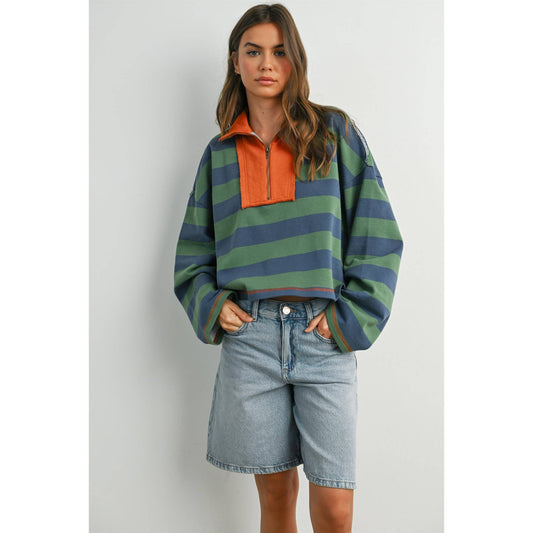 Striped Quarter-Zip with Contrasting Collar Blue / Green
