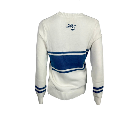 Hooked On x Ellsworth & Ivy OST Crew Neck White with Navy/Turquoise  Sweater