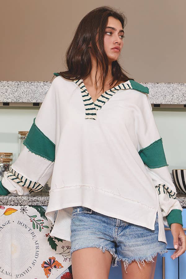 The French Terry Color-Block Top / Ivory / Green