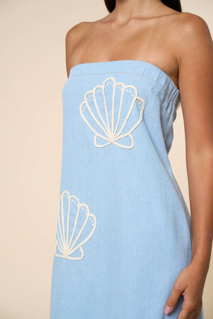 Dress / Seashell Embroidered Tube Maxi Dress / Light Denim
