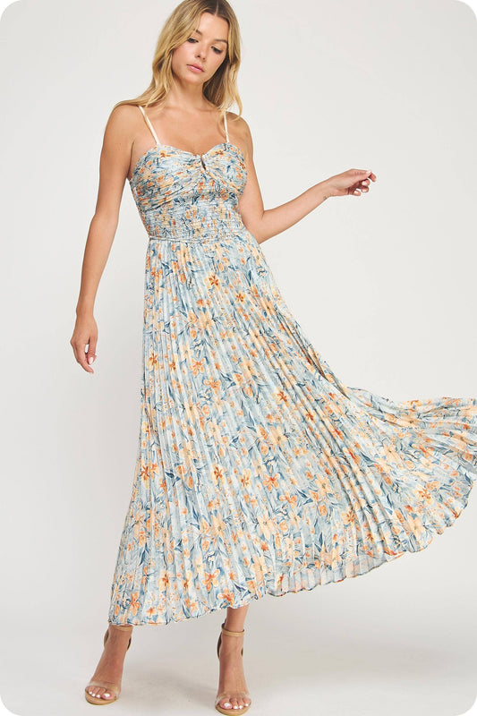 Floral Print Pleated Sweetheart Midi / Blue Multi