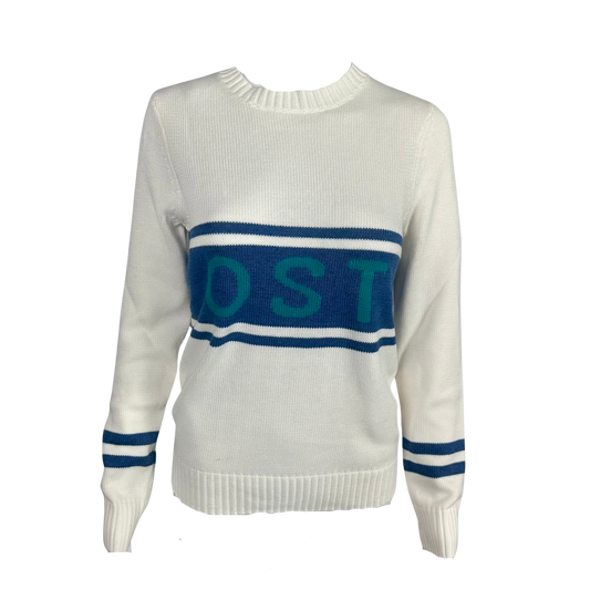 Hooked On x Ellsworth & Ivy OST Crew Neck White with Navy/Turquoise  Sweater