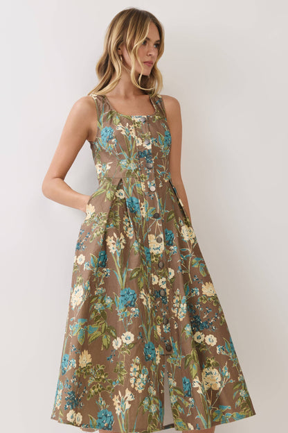 Dresses / Floral Print Front Button Down Midi Dress / Brown