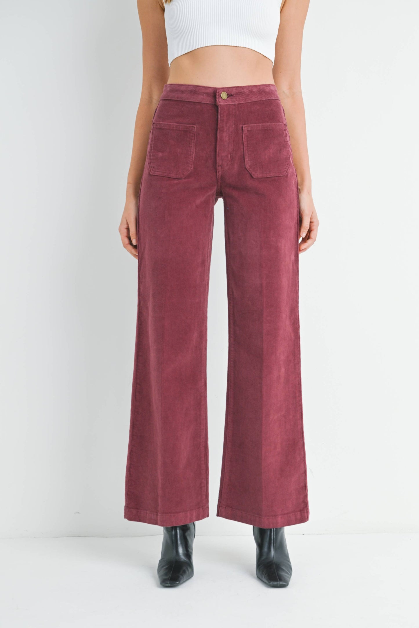 Corduroy Wide Leg Mini Patch Pocket Burgundy