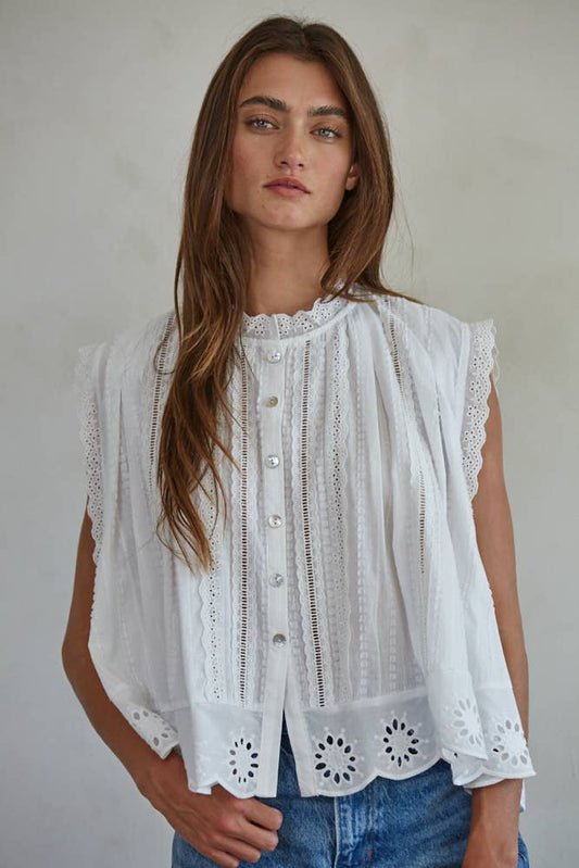 Woven Eyelet Buttondown Sleeveless Top / White