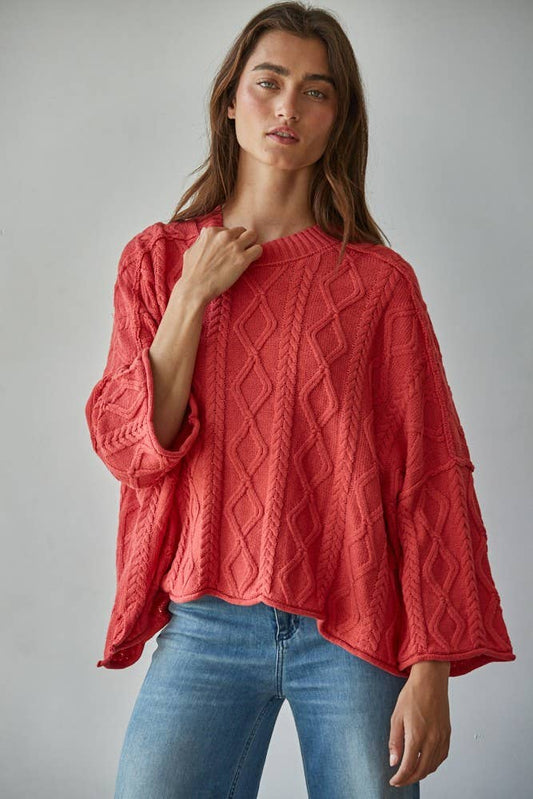 Cable Kint Cotton Sweater / Washed Red
