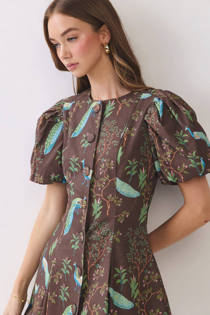 Dress / Peacock Print Puff Sleeve Button Down Mini / Chocolate