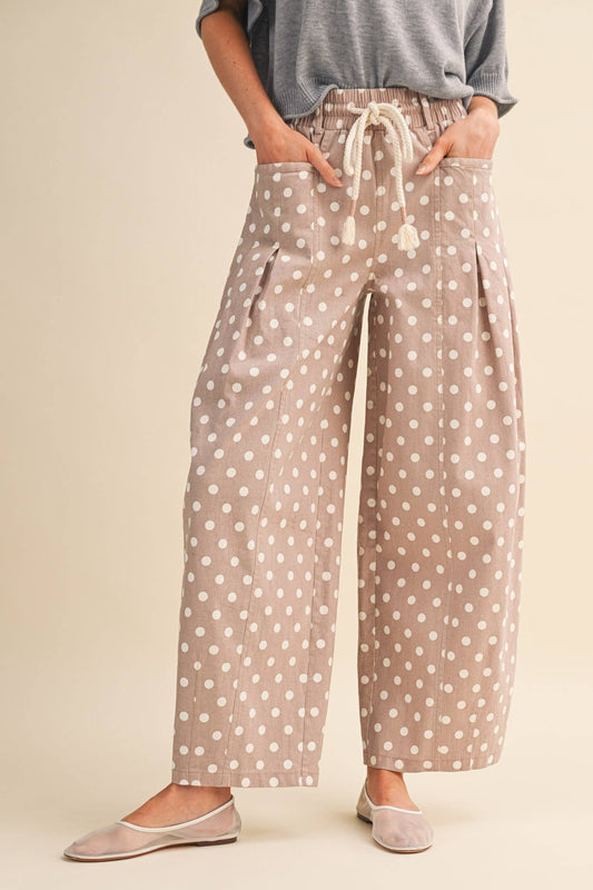 Pants / Polka Dot Pleated Barrel Pant / Taupe