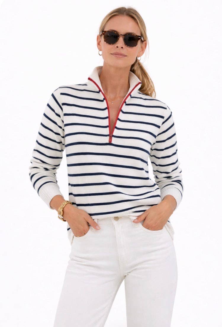 Sweaters / 1/2 Zip Striped Cotton Sweater / White/Navy 