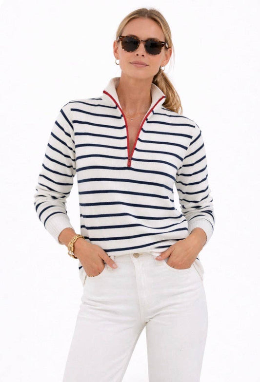 Sweaters / 1/2 Zip Striped Cotton Sweater / White/Navy 