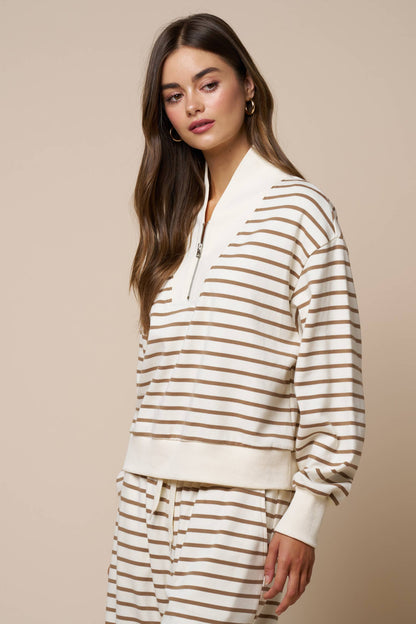 Tops / Quarter Zip Striped Pull Over / Taupe/Ivory