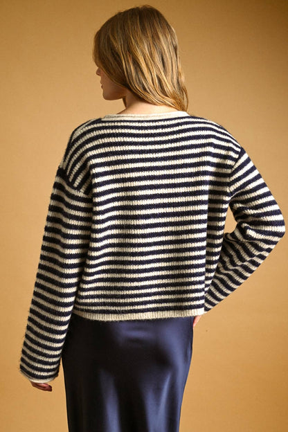 Sweaters / Button Front Cardi / Navy / White