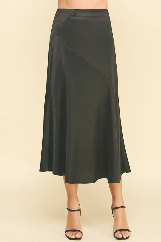 Midi Silky Block Detail  Skirt / Black