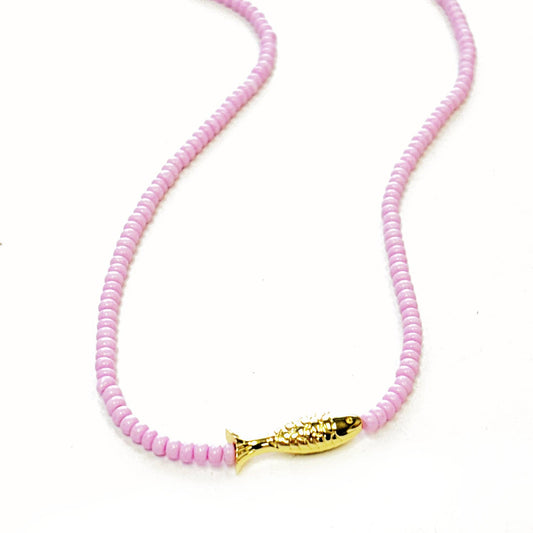 Lucky Fish Beaded Necklace / Lilac