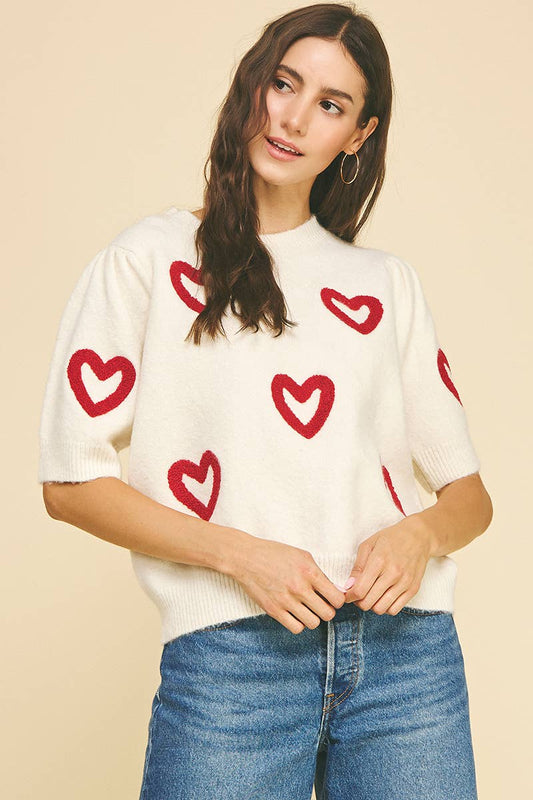 Short Sleeve Heart Sweater / Off White