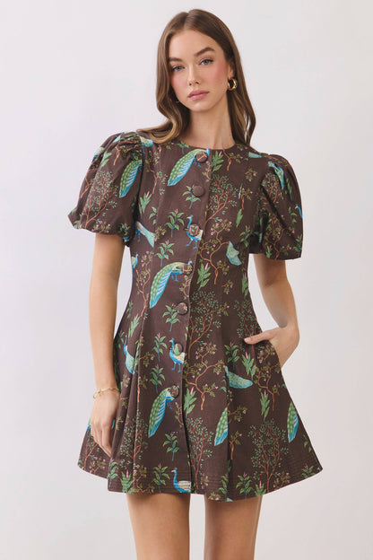 Dress / Peacock Print Puff Sleeve Button Down Mini / Chocolate