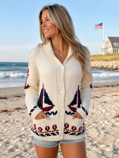 Sweater / Sailboat & 1776 Flag Varsity Cardigan