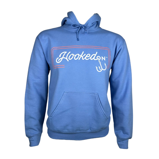 Hooked On Customizable Hoodie Carolina Blue with White/Red