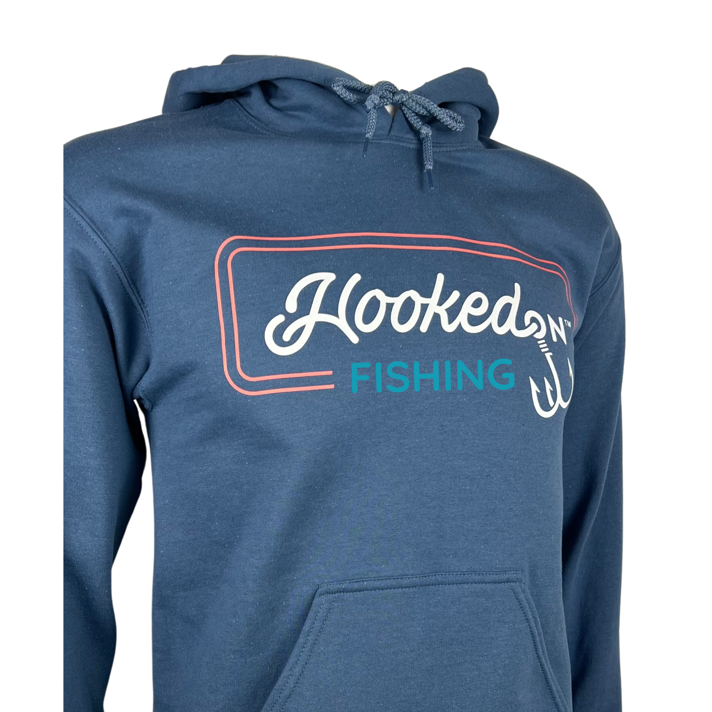 Hooked On Customizable Hoodie Slate Blue with Red/White
