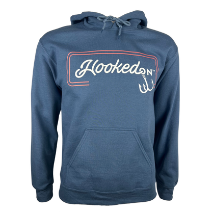 Hooked On Customizable Hoodie Slate Blue with Red/White