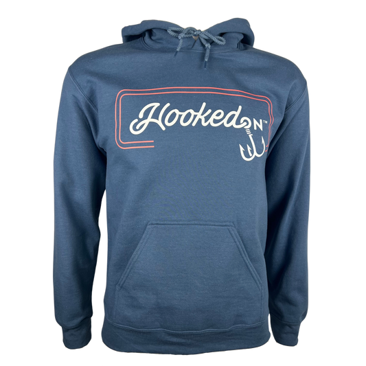 Hooked On Customizable Hoodie Slate Blue with Red/White