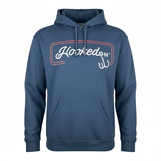 Hooked On Customizable Hoodie Slate Blue with Red/White