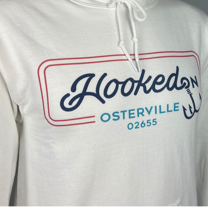 Hooked On Osterville Hoodie White with Navy, Red & Turquoise