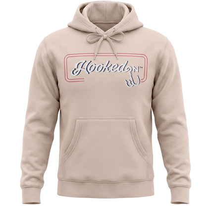 Hooked On Customizable Hoodie Oatmeal with Red / White / Blue 3D Logo
