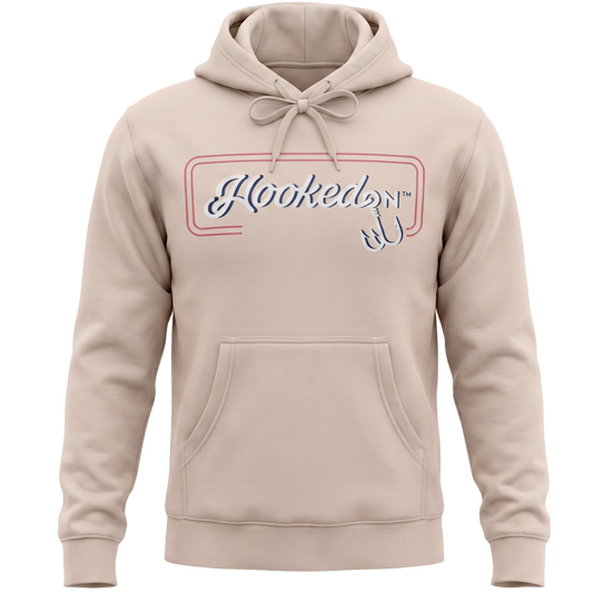 Hooked On Customizable Hoodie Oatmeal with Red / White / Blue 3D Logo